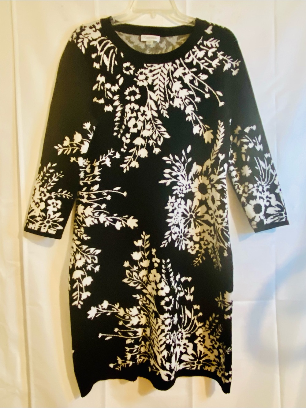 Calvin Klein Black and White Floral Knit Long Sleeve Dress